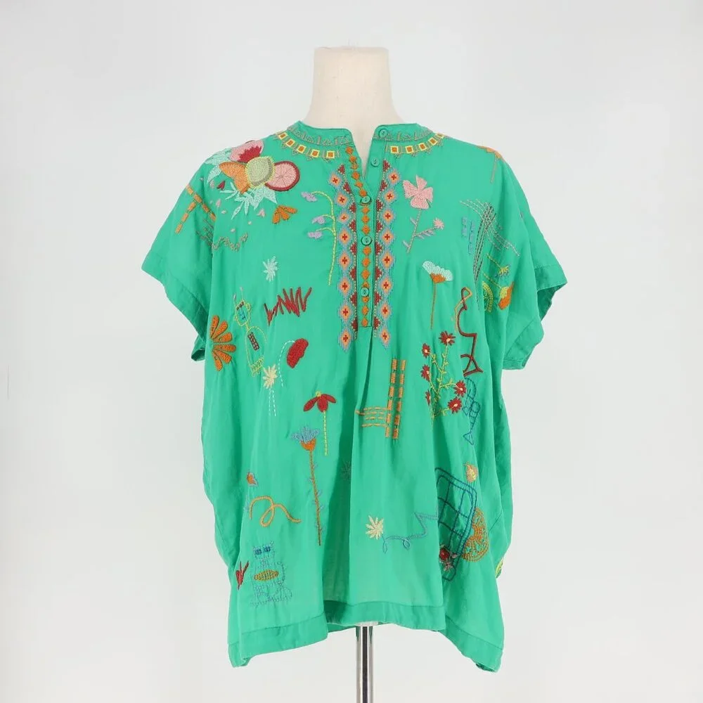 JOHNNY WAS Biya Lemona Embroidered Henley Short Sleeve Blouse Green Size M - Picture 2 of 10